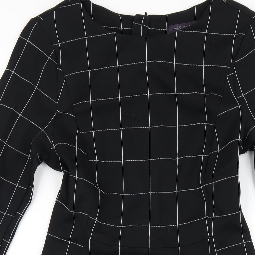 Marks and Spencer Womens Black Check Viscose A-Line Size 8 Round Neck Zip