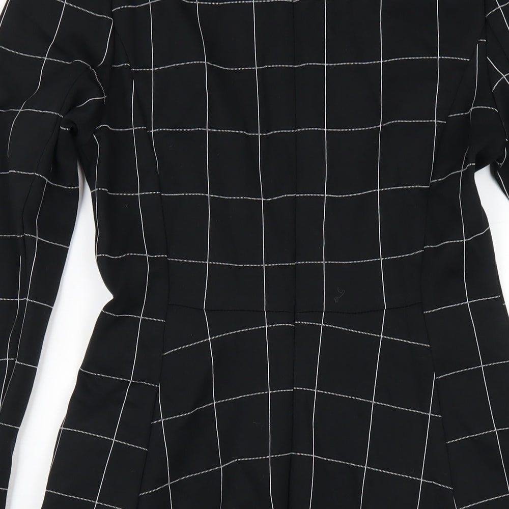 Marks and Spencer Womens Black Check Viscose A-Line Size 8 Round Neck Zip