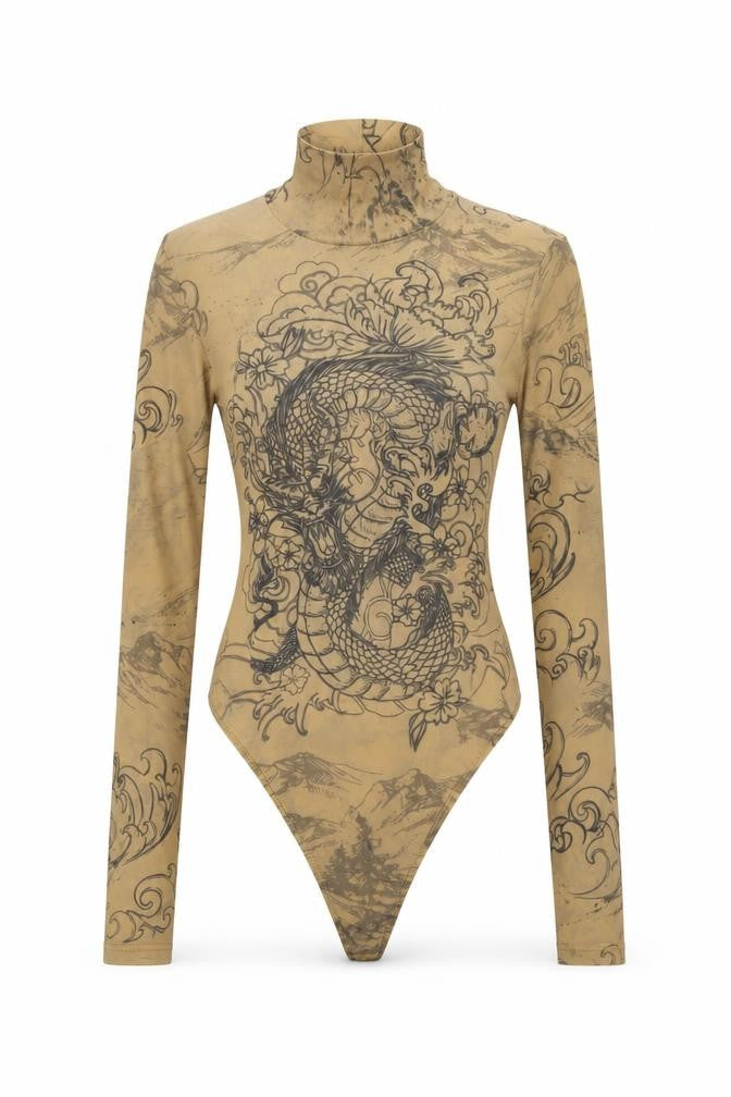 Fashion Nova Womens Beige Geometric Polyester Bodysuit One-Piece Size S Snap