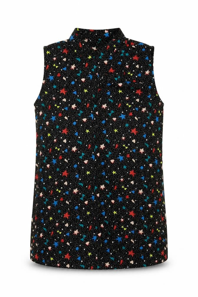 Marks and Spencer Girls Black Geometric Polyester Basic Blouse Size 13-14 Years Collared Button
