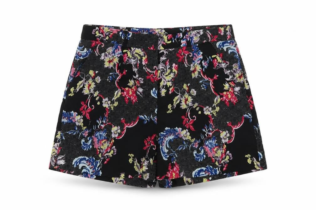 Select Womens Black Floral Polyester Basic Shorts Size 6 L3 in Regular Zip