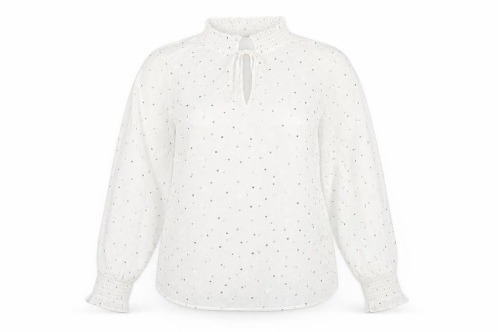 Marks and Spencer Womens White Polka Dot Polyester Basic Blouse Size 12 Mock Neck - Keyhole Neck
