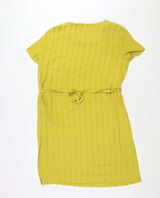 N.W.3 Womens Yellow Polyester Shift Size 10 Round Neck Zip - Belted Pleated