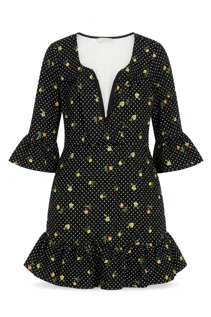 Front view of ASOS women’s black floral polyester mini, size UK 8, sweetheart pullover - frill polka dot
