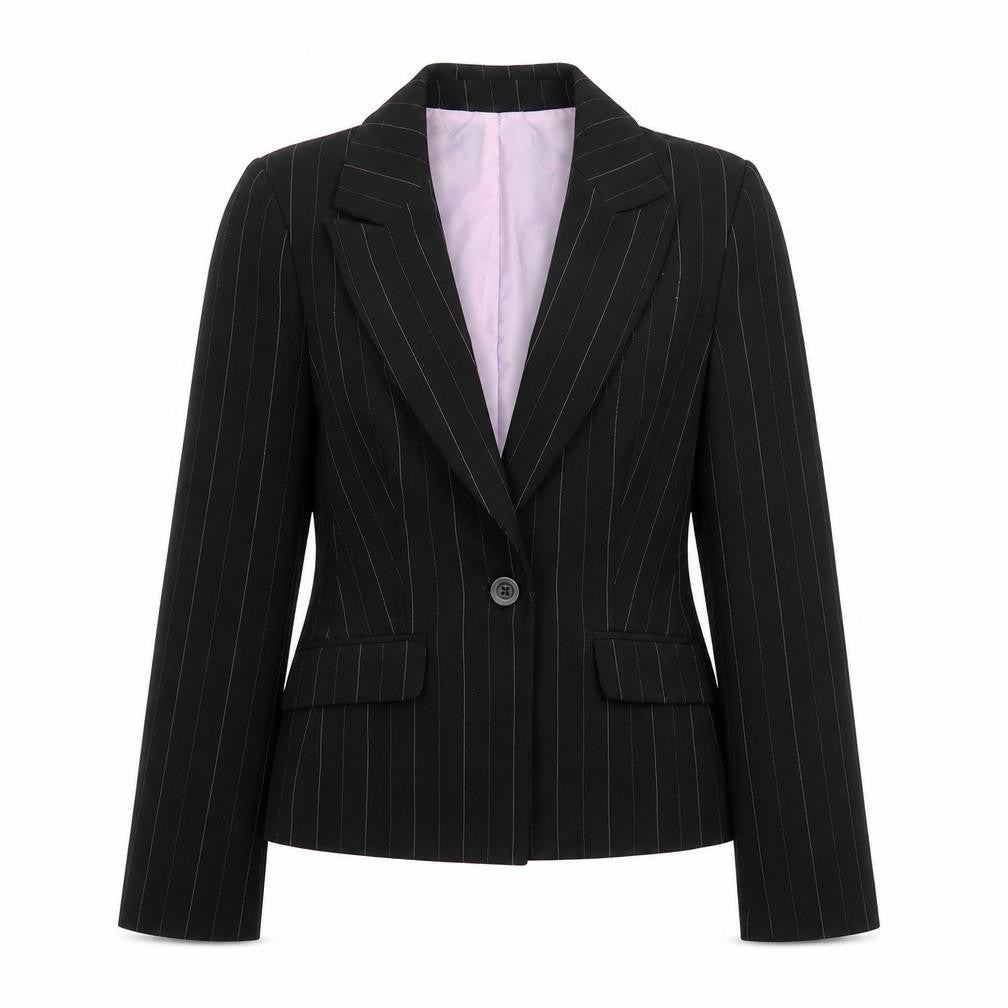 Front view of Red Herring women’s black striped jacket blazer, size UK 8, button