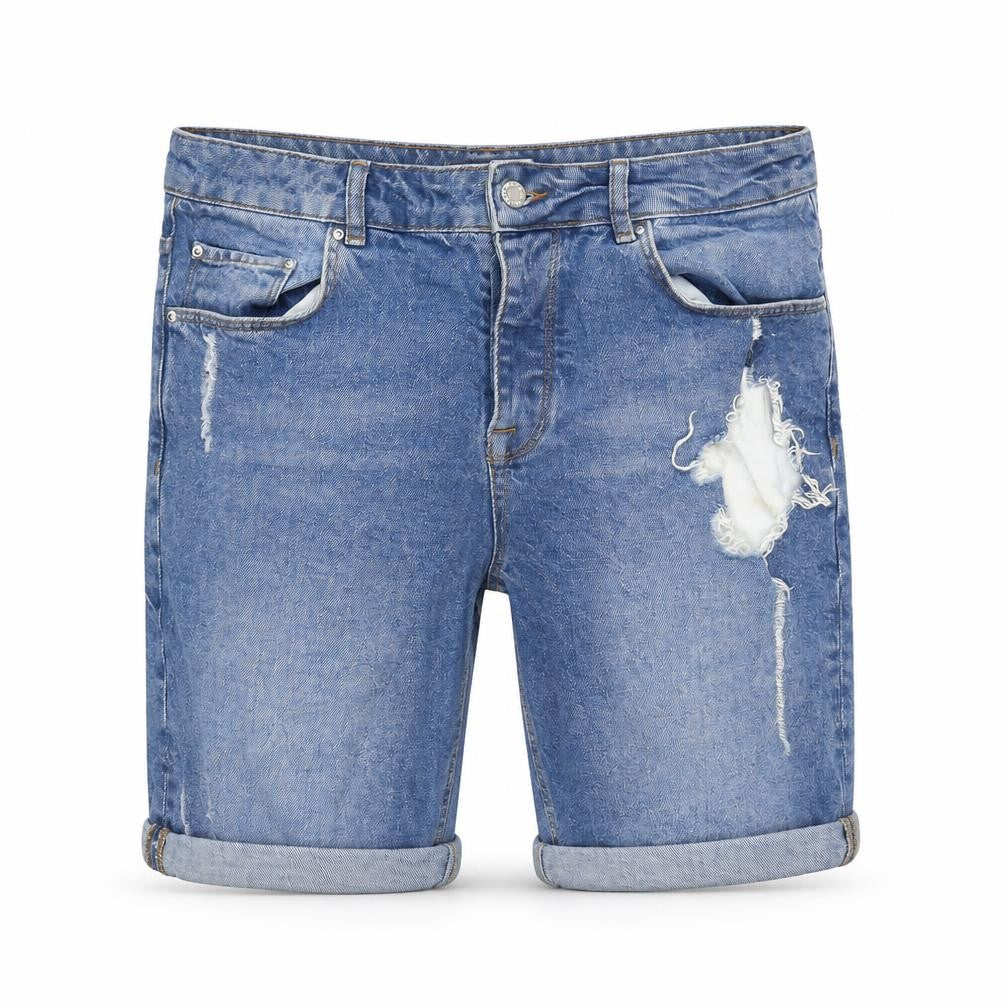 Front view of ASOS men’s blue cotton biker shorts, size 32, in, 10-inch leg regular zip