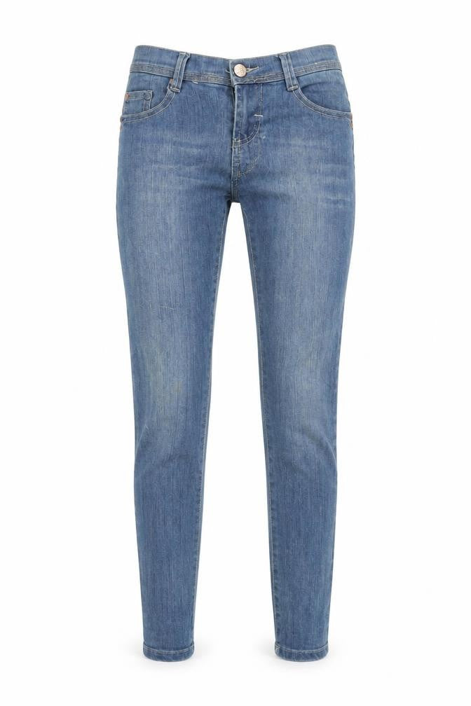 Front view of Denim & Co. women’s blue cotton blend skinny jeans, size UK 10, 28.5-inch leg regular zip