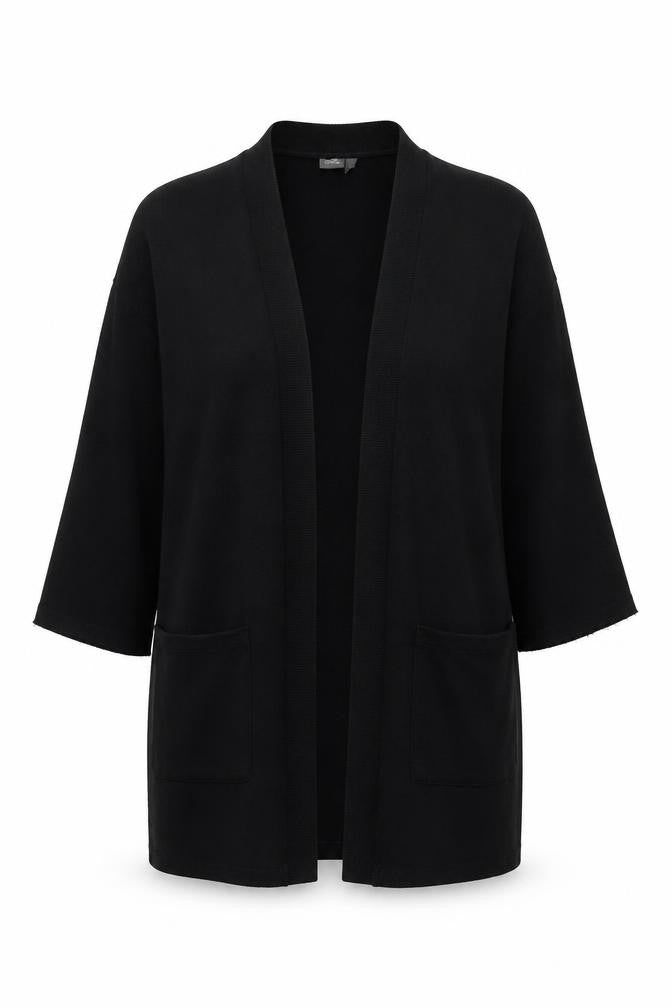 Front view of ASOS women’s black v-neck cotton cape jumper, size S