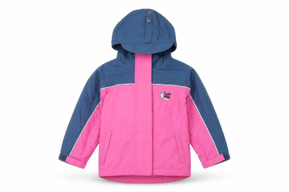 Front view of Hush Baby girls’ pink rain coat coat, size 4, years zip - hooded