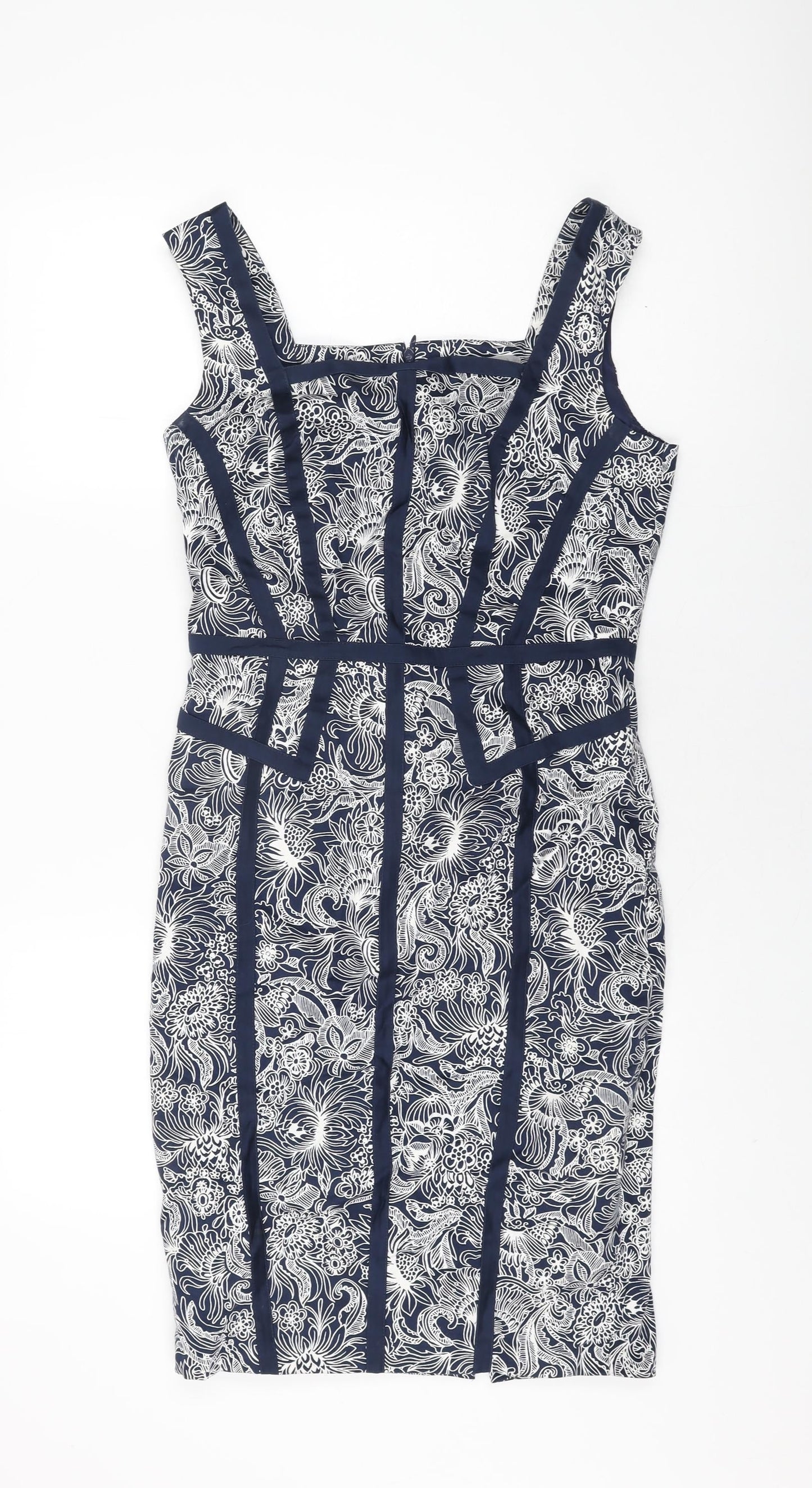Marks and Spencer Womens Blue Floral Cotton Bodycon Size 12 Square Neck Zip
