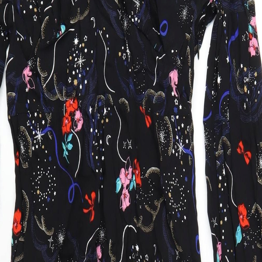 Marks and Spencer Womens Black Geometric Viscose A-Line Size 10 V-Neck Zip