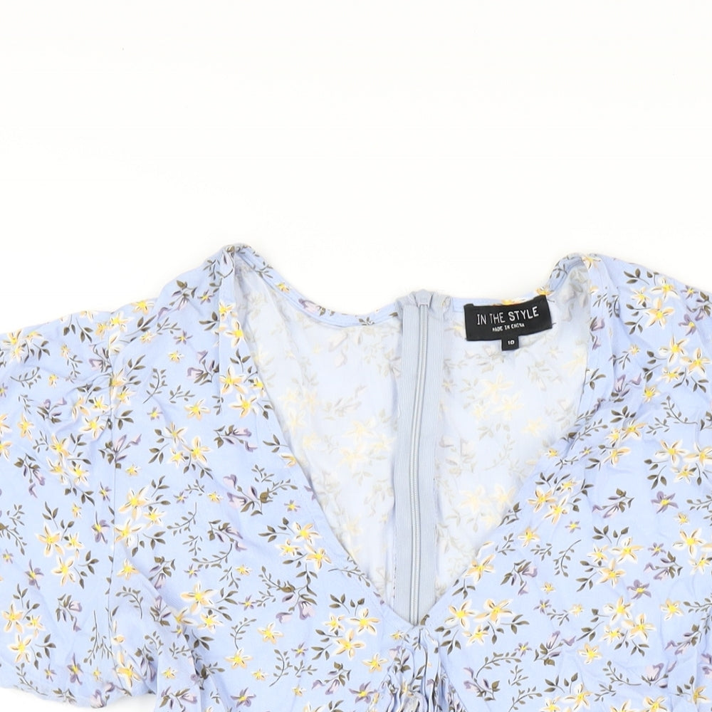 In the Style Womens Blue Floral Viscose A-Line Size 10 V-Neck Zip
