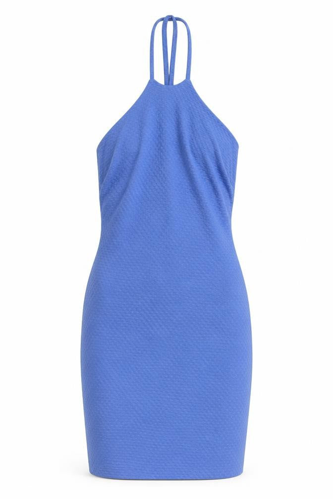 Front view of Miss Selfridge women’s blue polyester mini, size UK 8, halter pullover