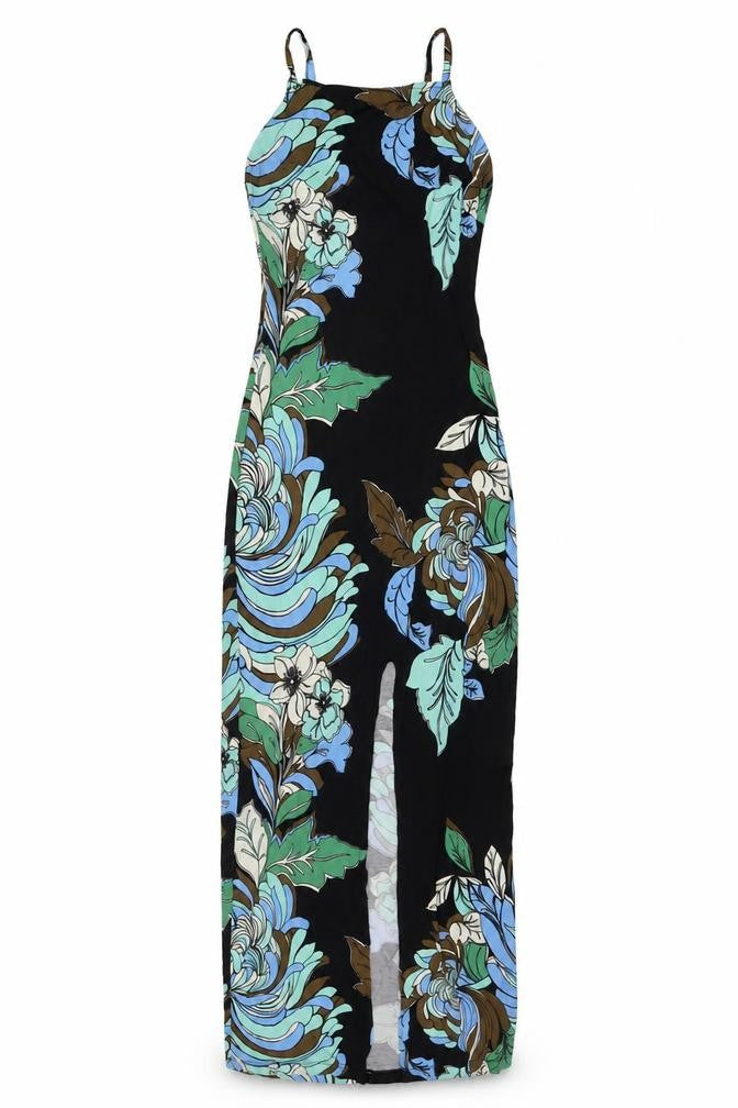 Front view of Miss Selfridge women’s multicoloured floral viscose maxi, size UK 8, square neck pullover