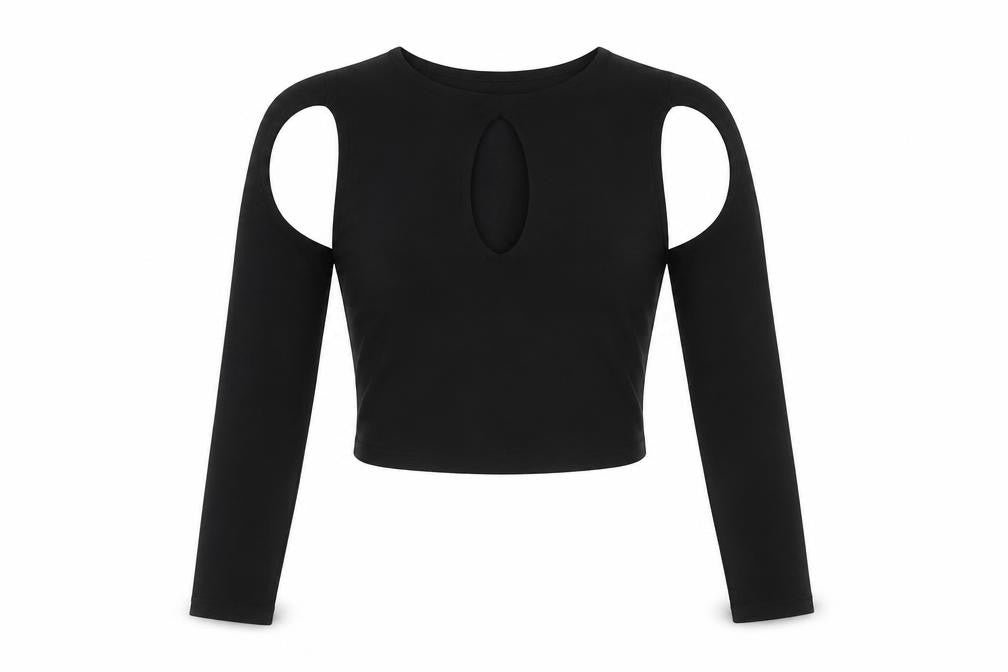 Ego Womens Black Polyester Cropped Blouse Size 8 Round Neck