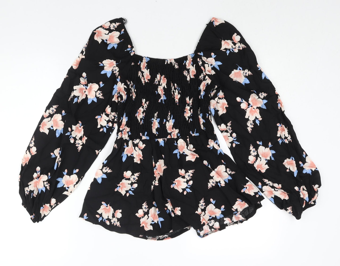 Select Womens Black Floral Viscose Basic Blouse Size 12 Square Neck - Peplum Rouched