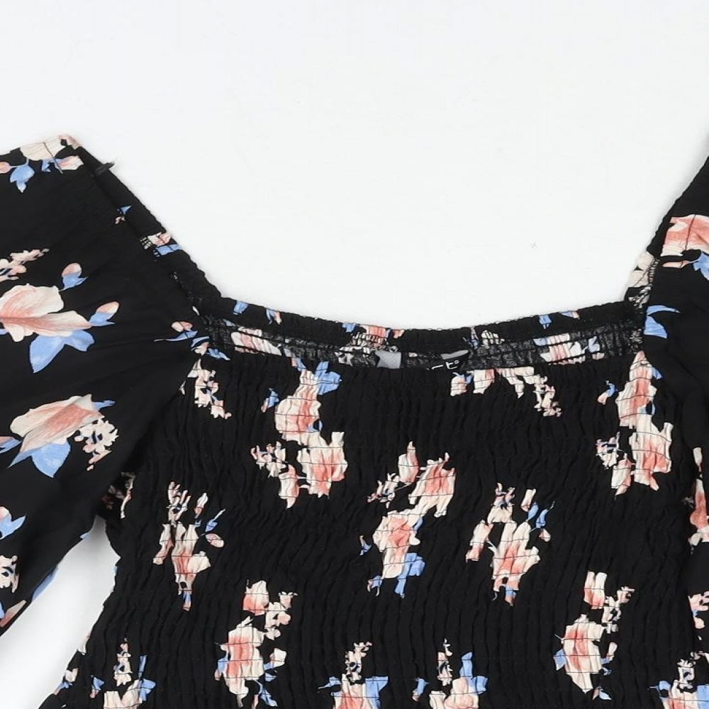 Select Womens Black Floral Viscose Basic Blouse Size 12 Square Neck - Peplum Rouched