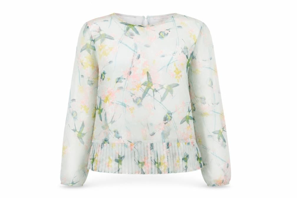 Marks and Spencer Womens Green Geometric Polyester Basic Blouse Size 8 Round Neck - Semi Sheer Pleated