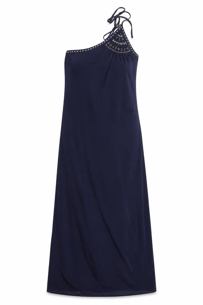 Front view of BCBGMAXAZRIA women’s blue polyester maxi size 2xs one shoulder tie - stud detail