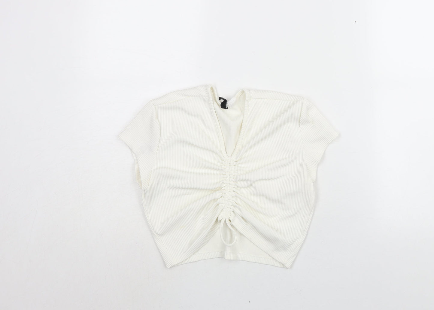 Divided by H&M Womens Ivory Polyester Cropped Blouse Size M V-Neck - Drawstring Detail