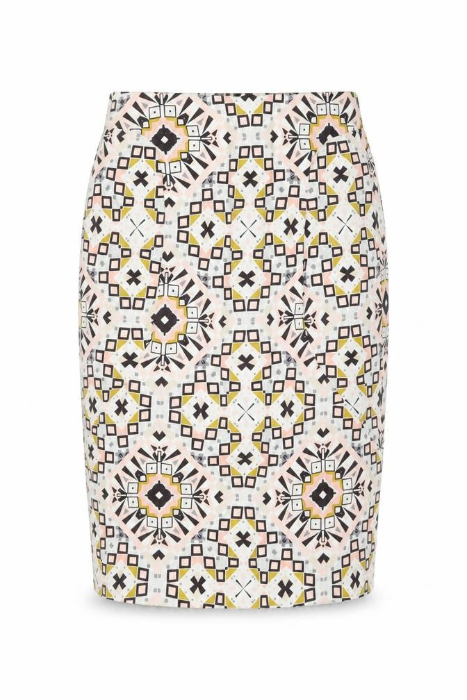 Front view of French Connection women’s multicoloured geometric cotton straight & pencil skirt, size UK 8, zip