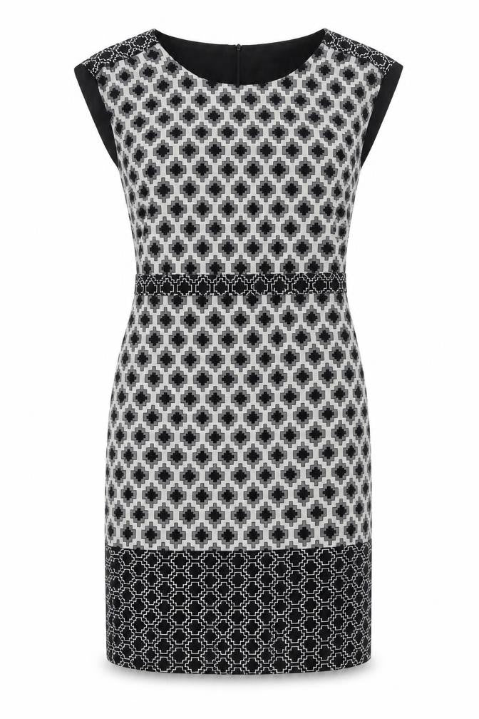 Marks and Spencer Womens Black Geometric Polyester Shift Size 10 Round Neck Zip - Belted