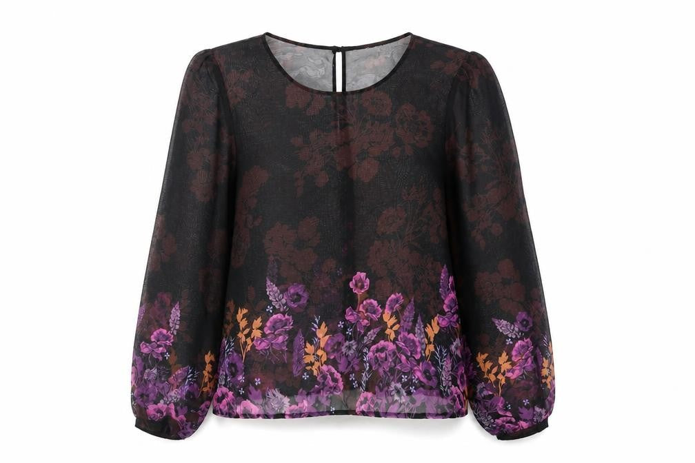 Front view of Miss Selfridge women’s black floral polyester basic blouse, size UK 14, round neck - semi sheer