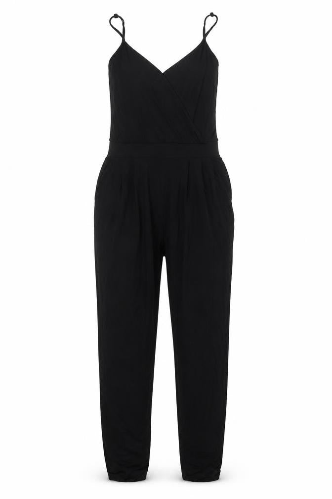 Front view of ASOS women’s black viscose jumpsuit one-piece, size UK 12, 30-inch leg pullover