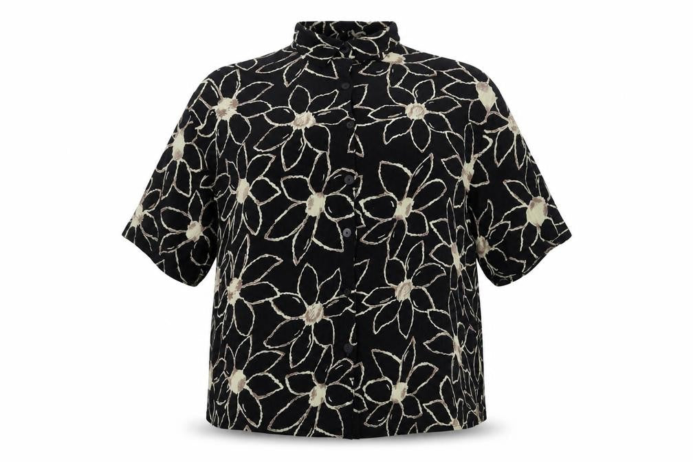 Pomodoro Womens Black Floral Viscose Basic Button-Up Size L Collared
