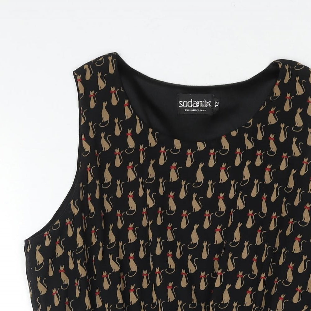 Soda Mix Womens Black Geometric Polyester Shift Size 12 Round Neck Pullover - Cat Print