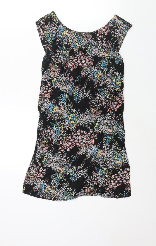 Warehouse Womens Black Floral Cotton Mini Size 6 Boat Neck Zip