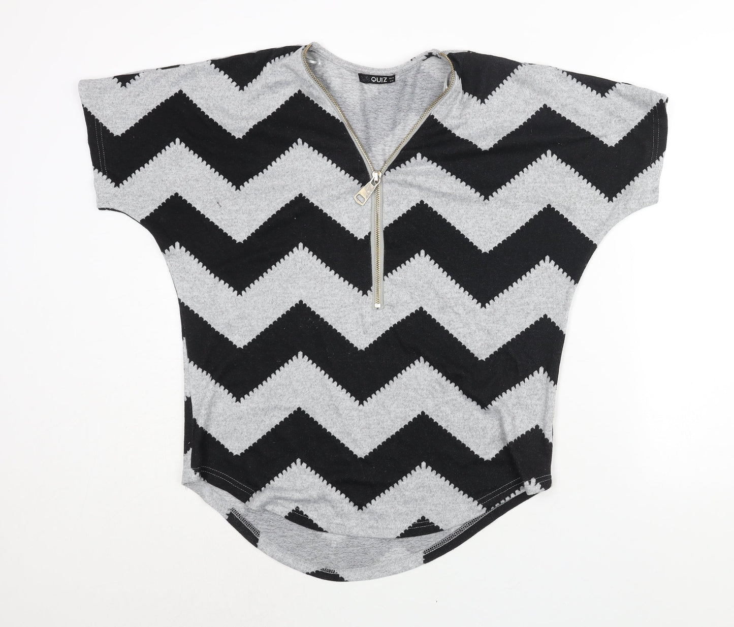 Quiz Womens Grey V-Neck Geometric Polyester Pullover Jumper Size 10 - Zip Detail