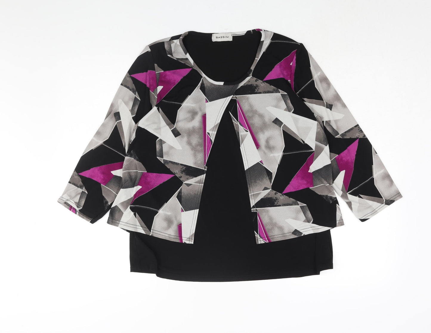 BASSINI Womens Black Geometric Polyester Basic Blouse Size 16 Round Neck - Layered