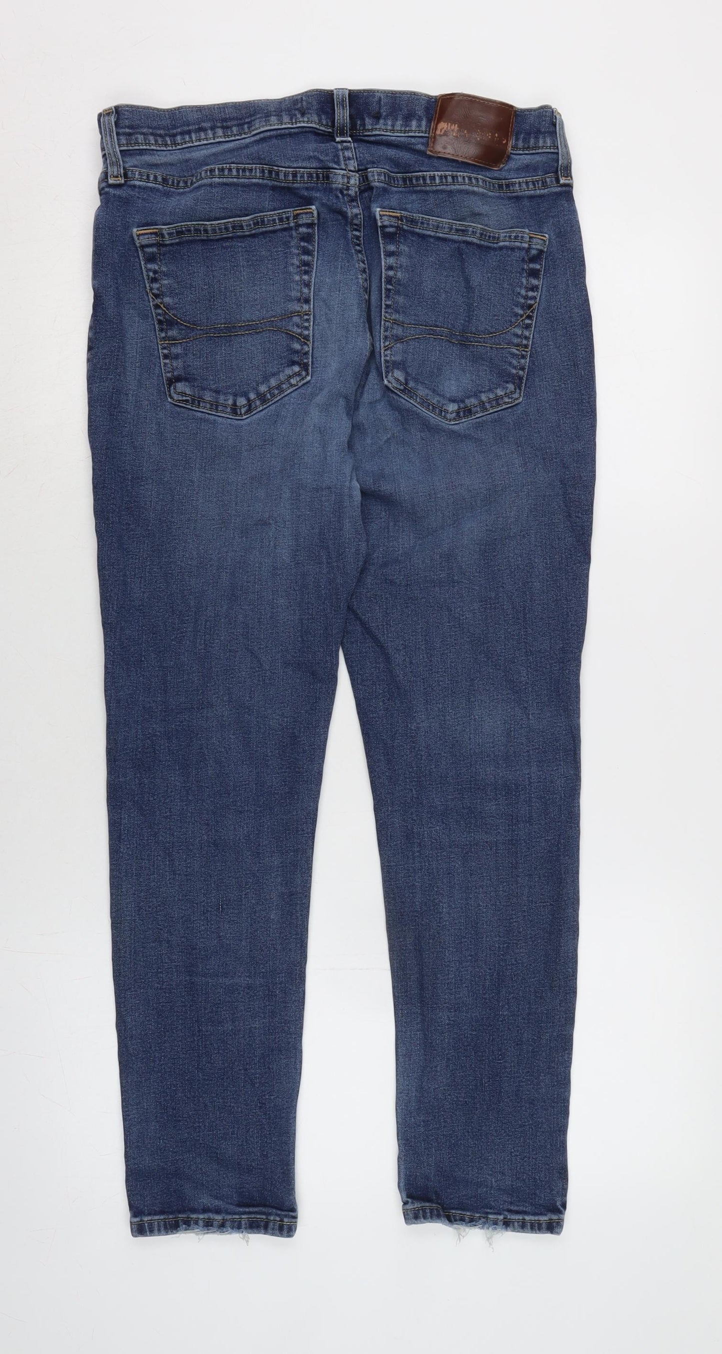Hollister Mens Blue Cotton Blend Tapered Jeans Size 32 in L30 in Regular Zip - Distressed hem.