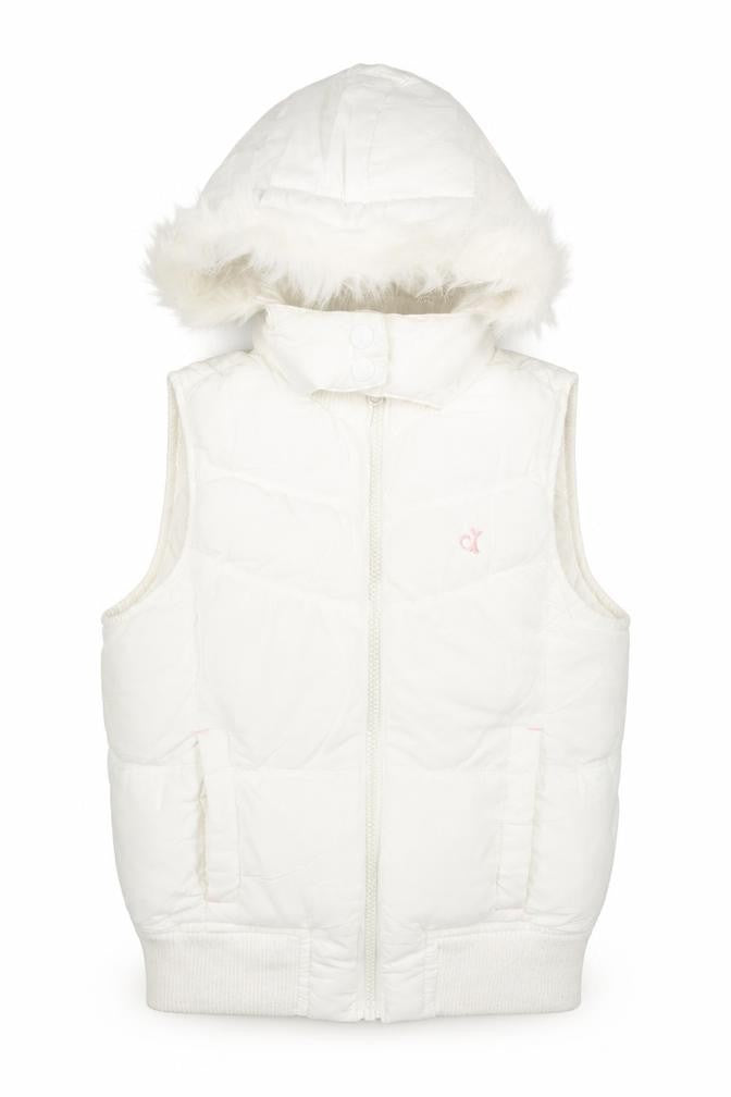 Front view of Girl2Girl girls’ white gilet waistcoat, size 5-6, years zip