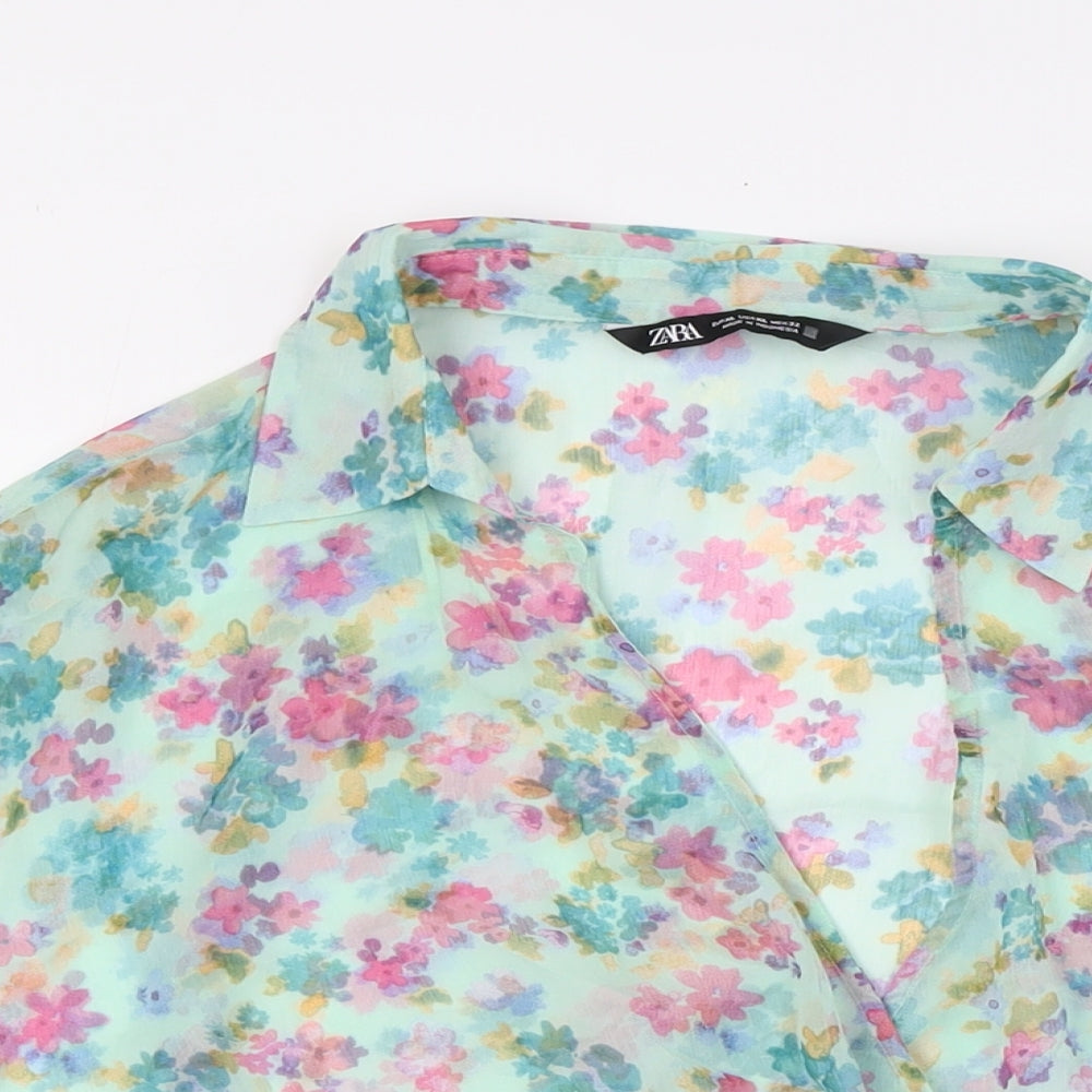 Zara Womens Multicoloured Floral Polyester Basic Blouse Size XL V-Neck - Sheer