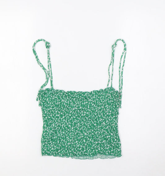 Stradivarius Womens Green Floral Cotton Basic Tank Size S Square Neck - Smocked Top