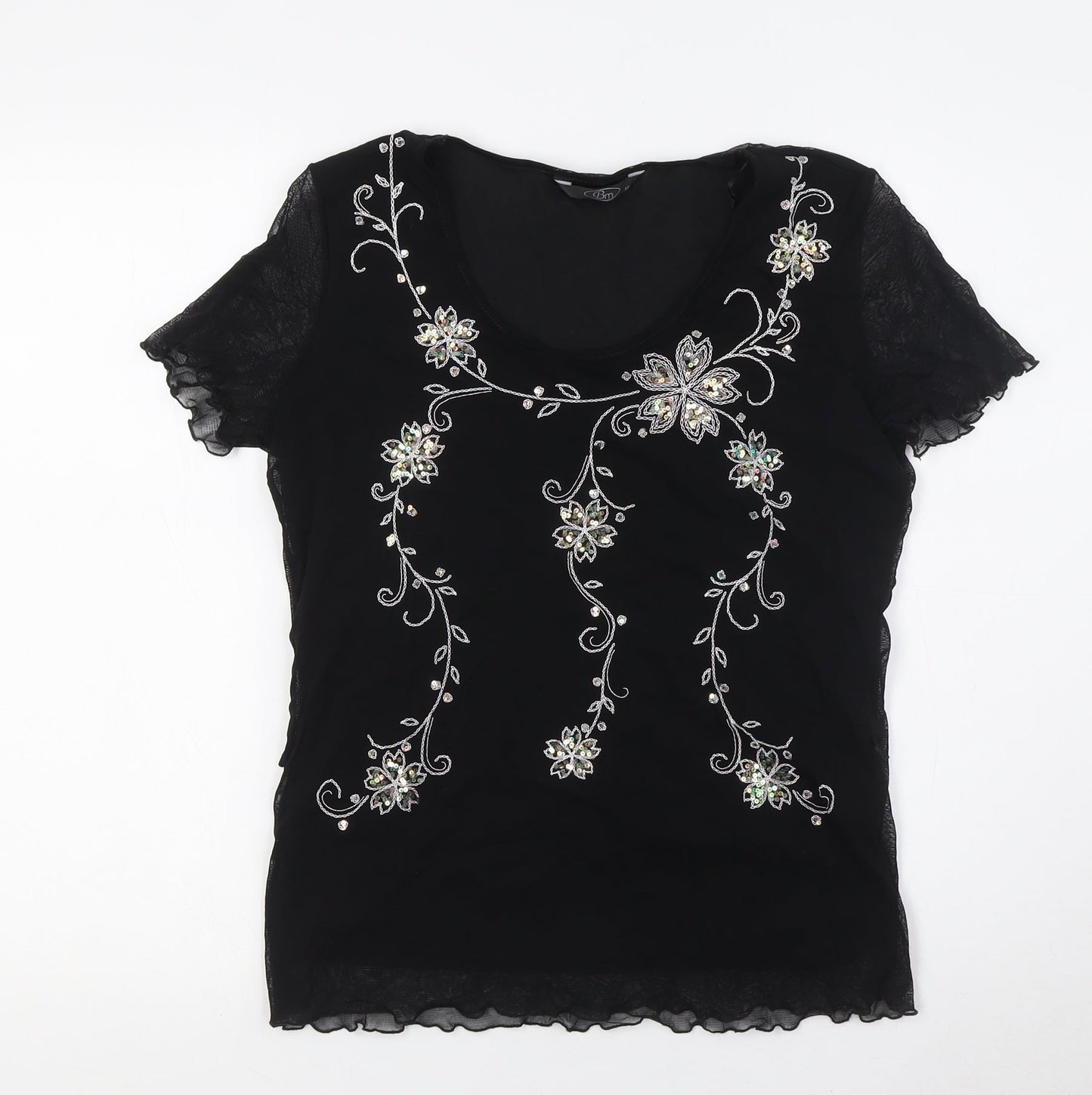 BM Womens Black Nylon Basic T-Shirt Size 12 Round Neck - Sequins