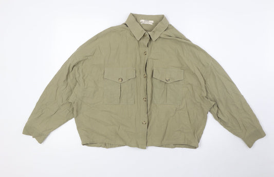 Pull&Bear Womens Green Herringbone Polyester Basic Button-Up Size M Collared - Breast Pockets