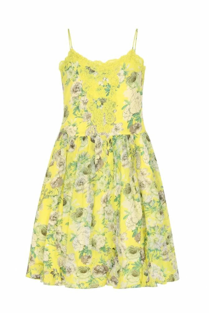 Front view of ASOS women’s yellow floral polyester a-line, size UK 2, v-neck pullover