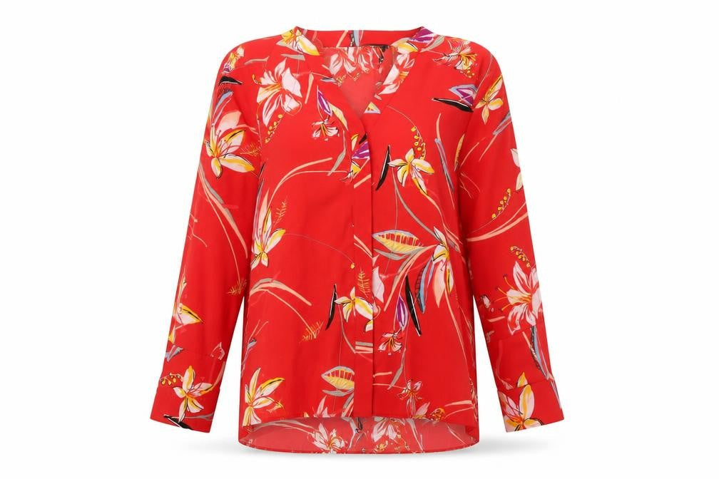 Marks and Spencer Womens Red Floral Polyester Basic Button-Up Size 18 V-Neck