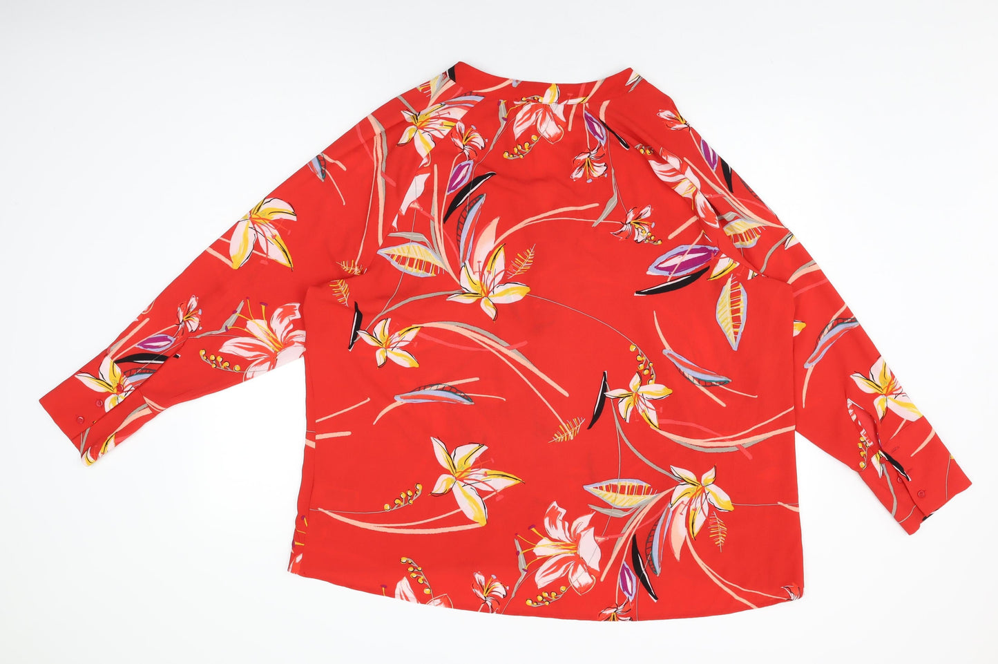 Marks and Spencer Womens Red Floral Polyester Basic Button-Up Size 18 V-Neck