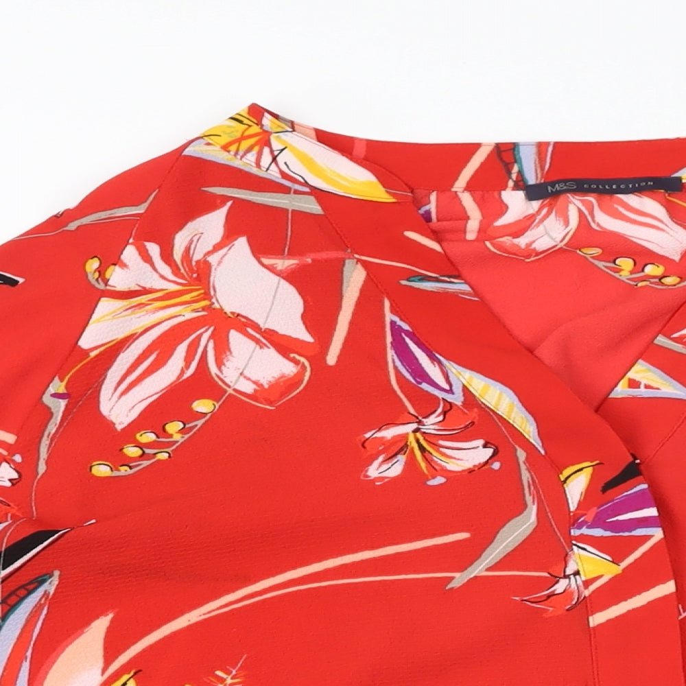 Marks and Spencer Womens Red Floral Polyester Basic Button-Up Size 18 V-Neck