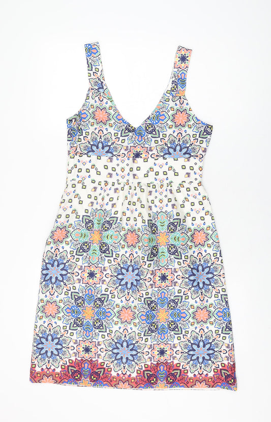 Kachel Womens White Floral Silk Shift Size 8 V-Neck Zip