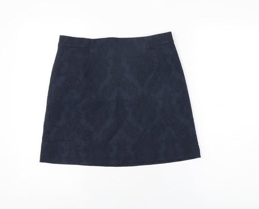 Zara Womens Blue Floral Cotton Mini Skirt Size M Zip