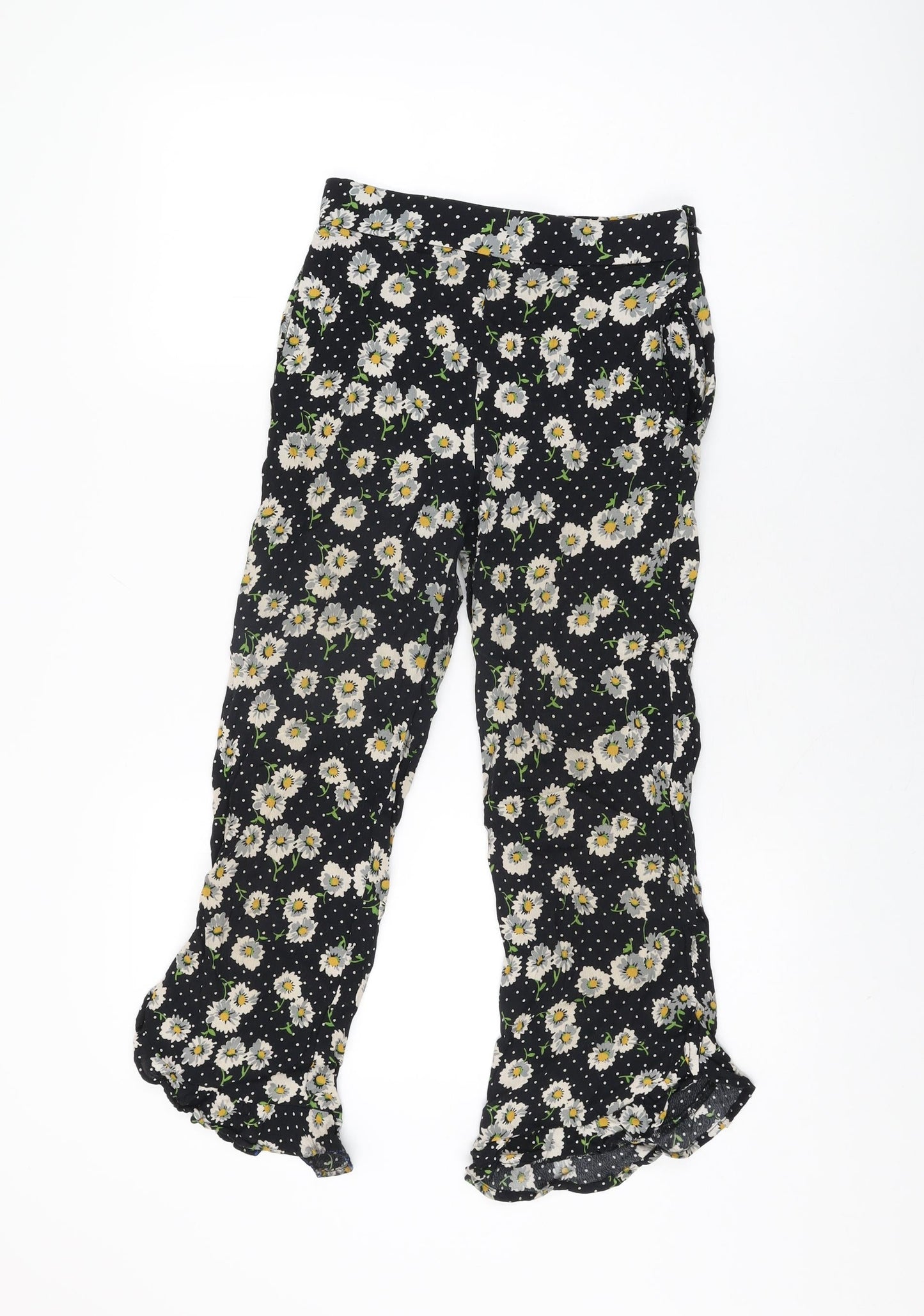 Zara Womens Black Floral Viscose Cropped Trousers Size XS L23 in Regular Zip