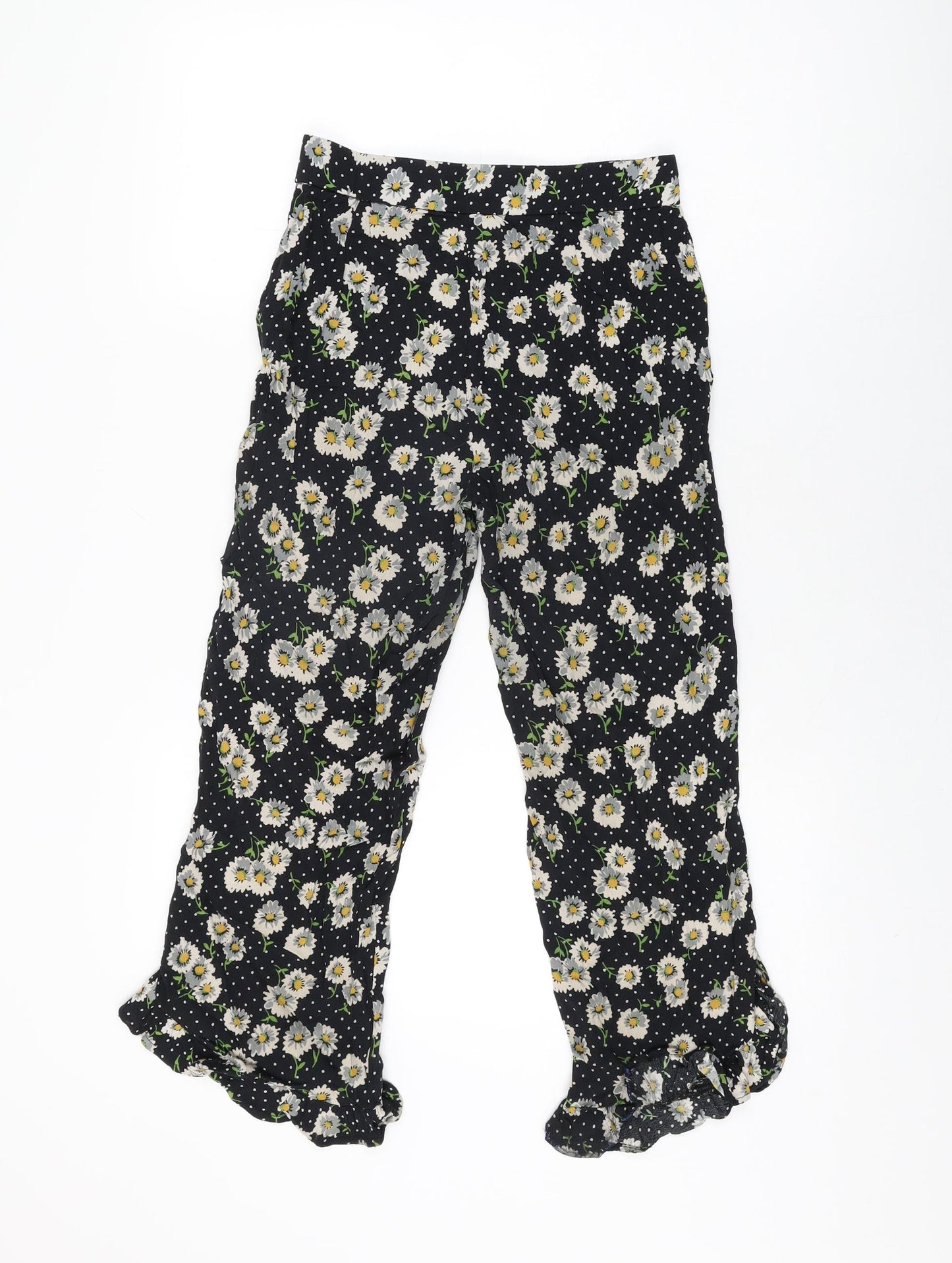 Zara Womens Black Floral Viscose Cropped Trousers Size XS L23 in Regular Zip