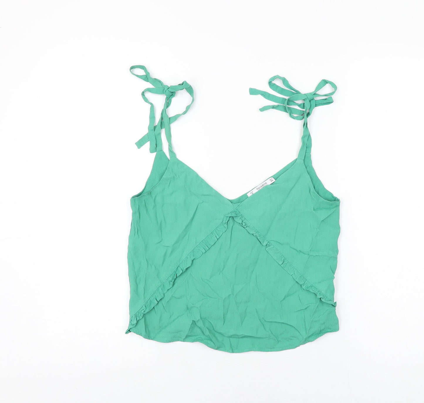 Pull&Bear Womens Green Viscose Basic T-Shirt Size S V-Neck