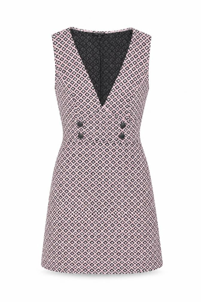 Front view of Miss Selfridge women’s pink geometric polyester shift, size UK 12, v-neck pullover
