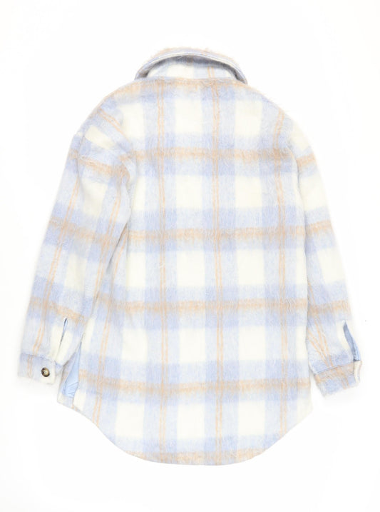 Missguided Womens Blue Plaid Overcoat Coat Size 8 Button